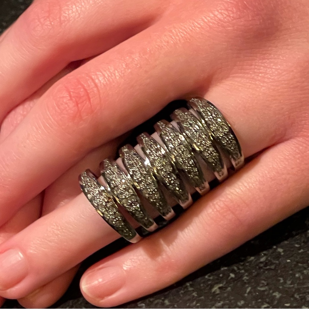 Bold Statement Single Piece Stacked Ring 1 1/2” Gunmetal Grey Rhodium Stones 4-6